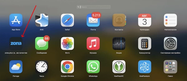 Поиск приложения в Dock